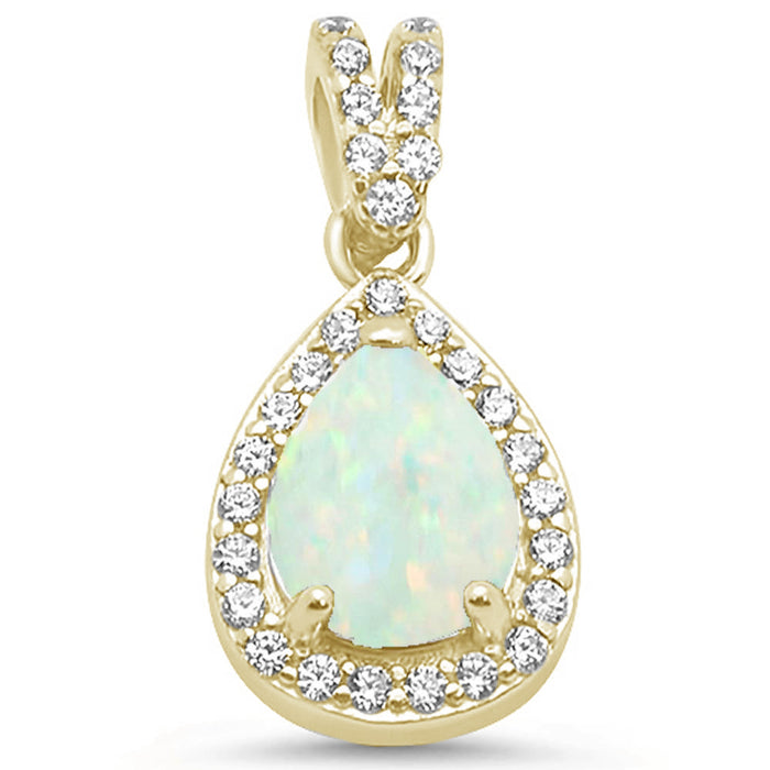 Yellow Gold Plated Pear White Opal & Cubic Zirconia .925 Sterling Silver Pendant