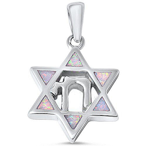 CLOSEOUT! White Opal Star of David with Chai Symbol .925 Sterling Silver Pendant