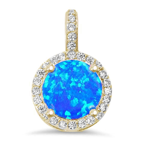 Yellow Gold Plated Halo Blue Opal & Cubic Zirconia .925 Sterling Silver Pendant