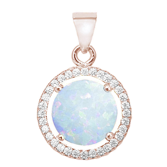 Rose Gold Plated Round White Opal & Cubic Zirconia .925 Sterling Silver Pendant