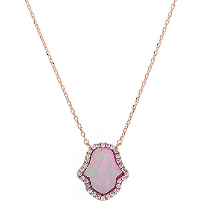 CLOSEOUT! Rose Gold Plated Pink Opal Hamsa .925 Sterling Silver Pendant Necklace