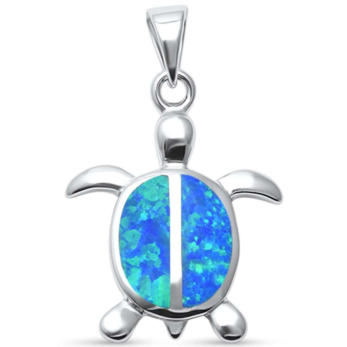 Cute Blue Opal Turtle .925 Sterling Silver Pendant
