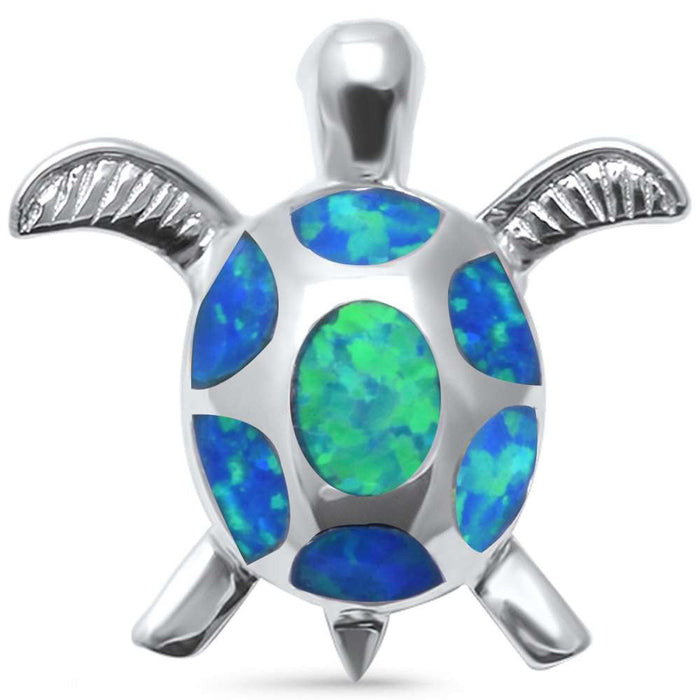 Cute Blue Opal Turtle .925 Sterling Silver Pendant