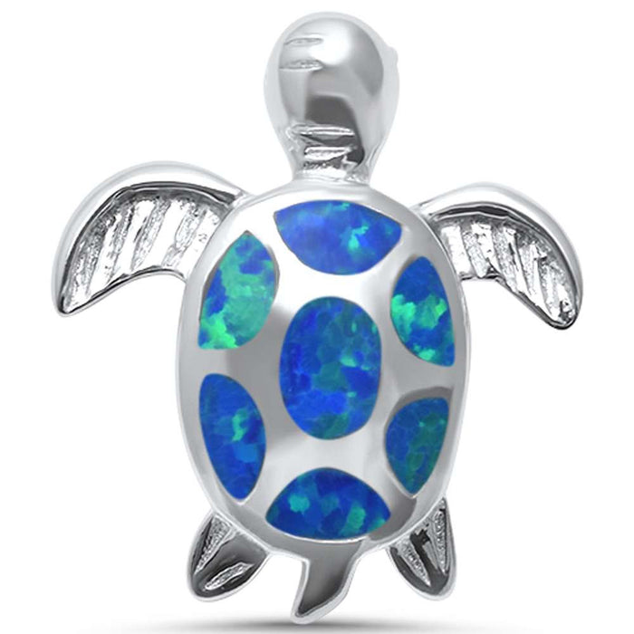 Cute Blue Opal Turtle .925 Sterling Silver Pendant