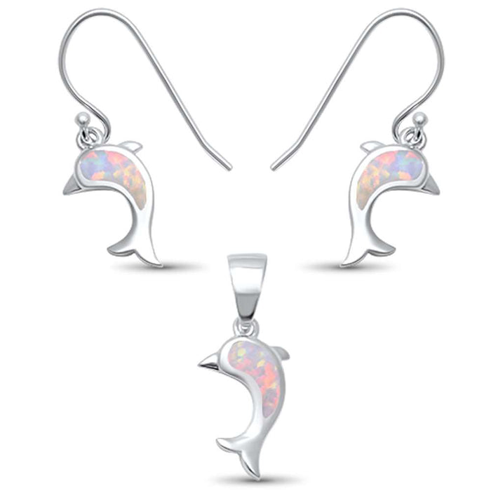 White Opal Dolphin .925 Sterling Silver Earring & Pendant set .5"