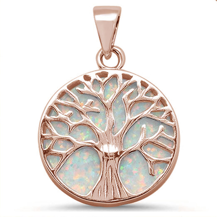 CLOSEOUT! Rose Gold Plated Round White Opal Tree of Life Design .925 Sterling Silver Pendant