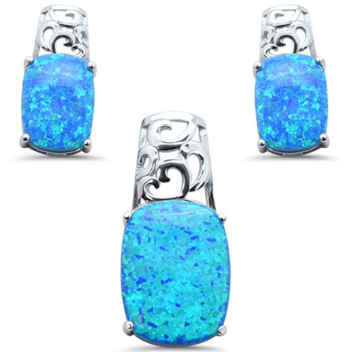 CLOSEOUT! Cushion Cut Blue Opal .925 Sterling Silver Pendant & Earring Set