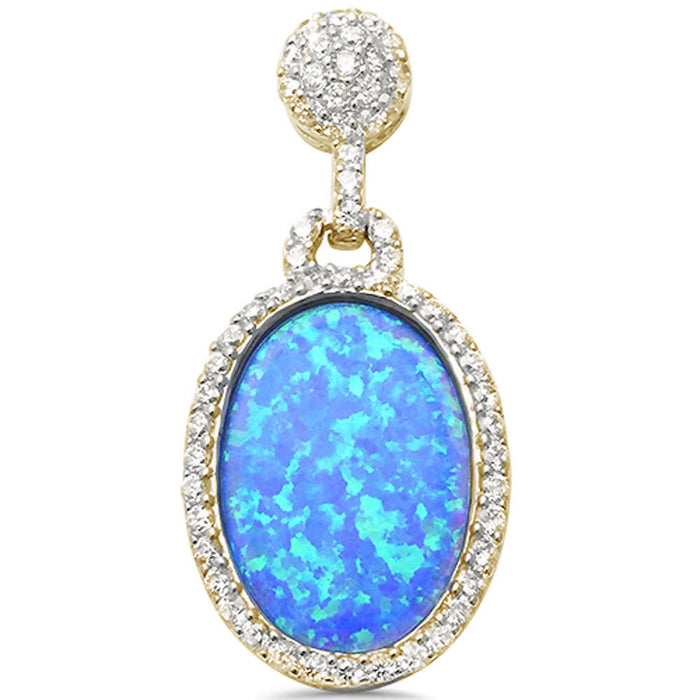 CLOSEOUT!Unique! Yellow Gold Plated Blue Opal Drop Dangle .925 Sterling Silver Pendant