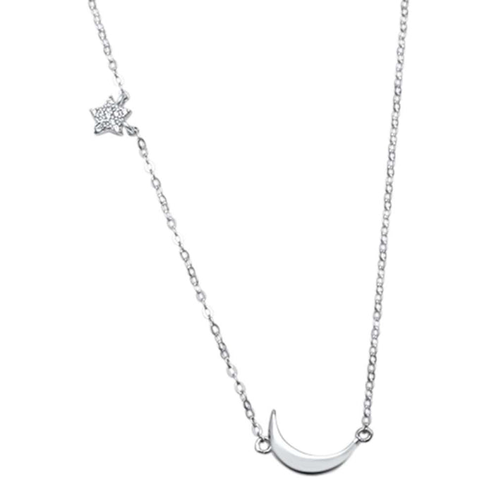 CLOSEOUT! Star Moon Celestial Trendy .925 Sterling Silver Necklace 16"+2" Ext