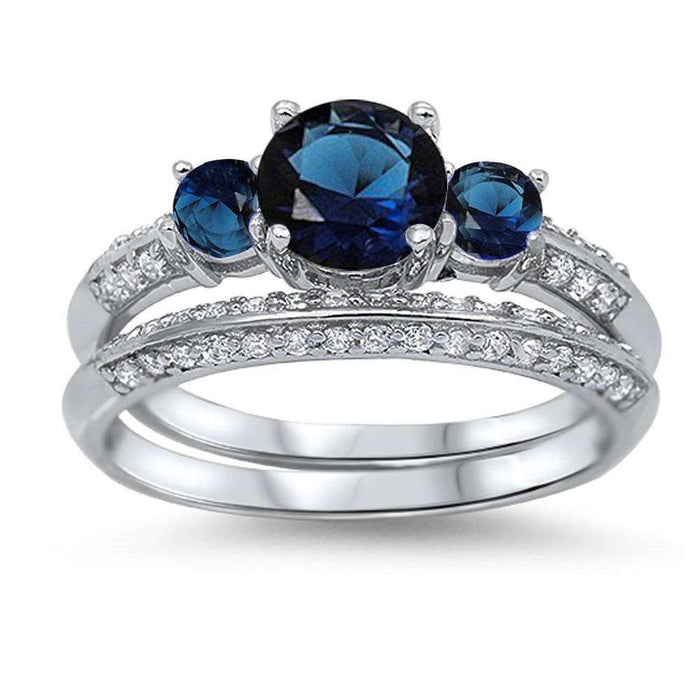 CLOSEOUT! Blue Sapphire Cz Bridal Set .925 Sterling Silver Ring