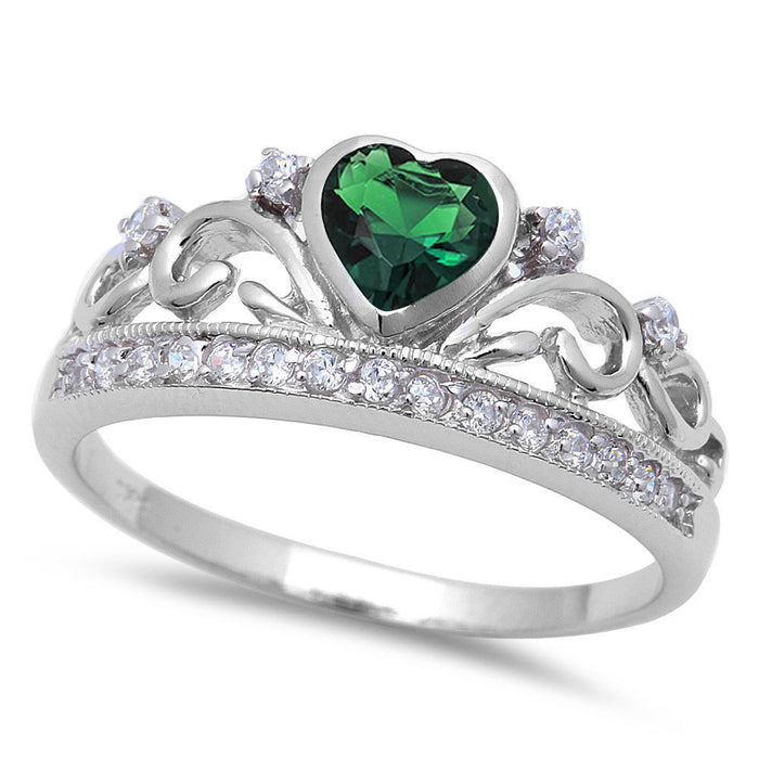 CLOSEOUT!Beautiful Emerald Heart and White Cubic Zirconia.925 Sterling Silver Ring