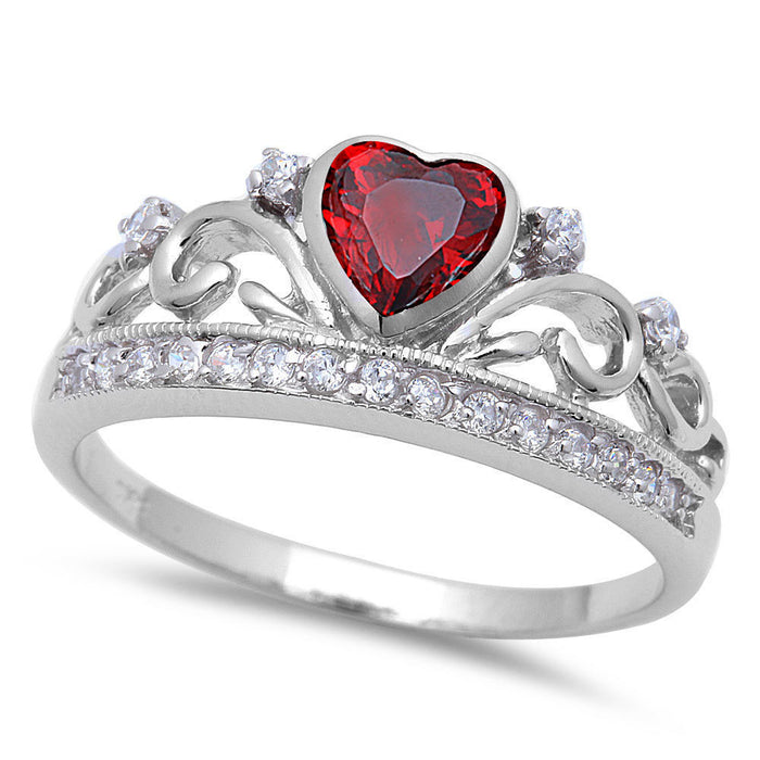 CLOSEOUT!Beautiful DEEP RED GARNET Heart and White cubic Zirconia .925 Sterling Silver Ring SIZES 4-5