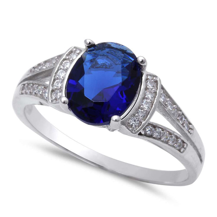 CLOSEOUT! Oval Shape Blue Sapphire & Cubic Zirconia .925 Sterling Silver Ring