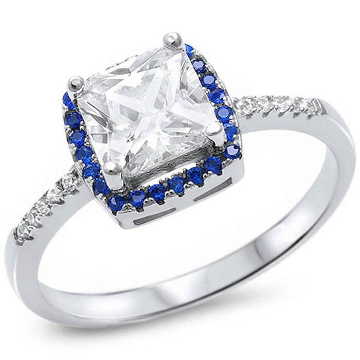 CLOSEOUT! Cushion shape Fine Cubic Zirconia & Sapphire .925 Sterling Silver Ring Sizes 4, 5, 10