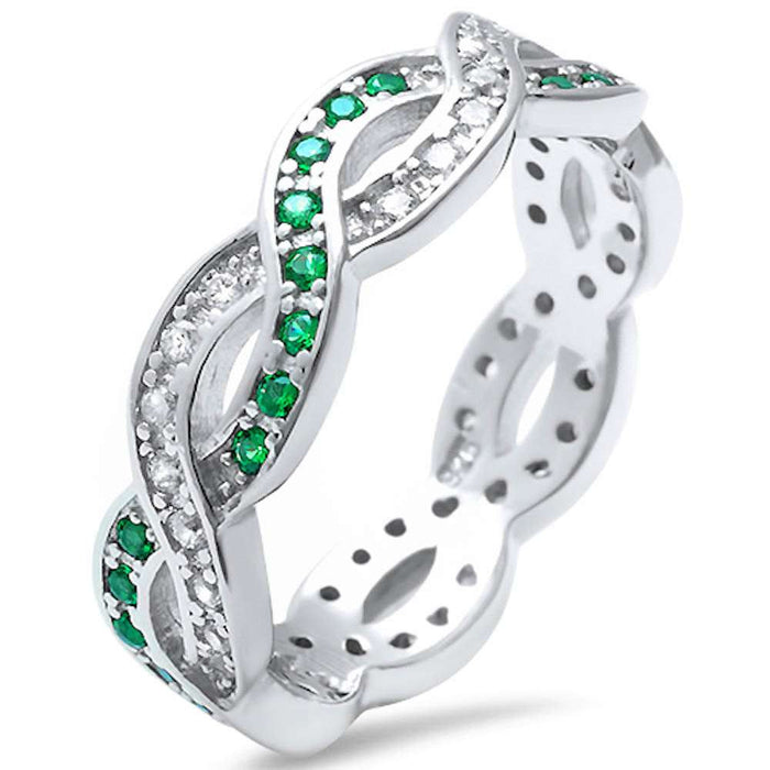 CLOSEOUT! Green Emerald & Cubic Zirconia Infinity Band .925 Sterling Silver Ring