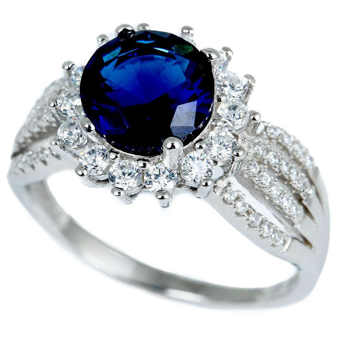 CLOSEOUT! Halo Style Blue Sapphire & Cz Fashion .925 Sterling Silver Ring