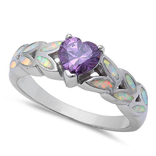 CLOSEOUT! Heart Shape Amethyst & White Opal .925 Sterling Silver Ring
