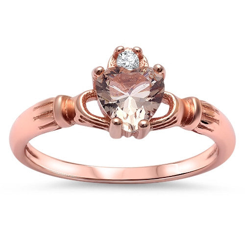 Rose Gold Morganite & Cz Heart Claddagh .925 Sterling Silver Ring