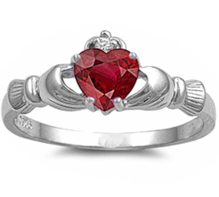 Ruby Heart Claddagh Ring .925 Sterling Silver Sizes 3-12