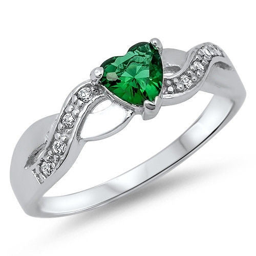 CLOSEOUT! Emerald Heart with Cz Accent .925 Sterling Silver Ring