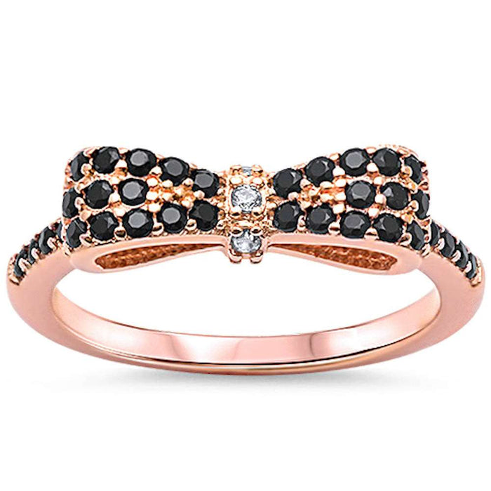 CLOSEOUT!Rose Gold Plated Black & White Cz Bow Tie .925 Sterling Silver Ring