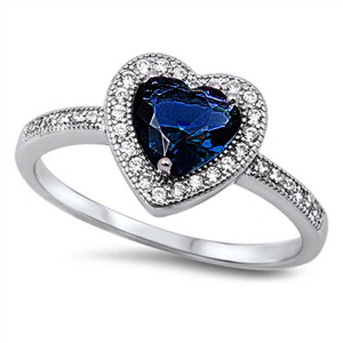 CLOSEOUT!Blue Sapphire & Cz Heart .925 Sterling Silver Ring