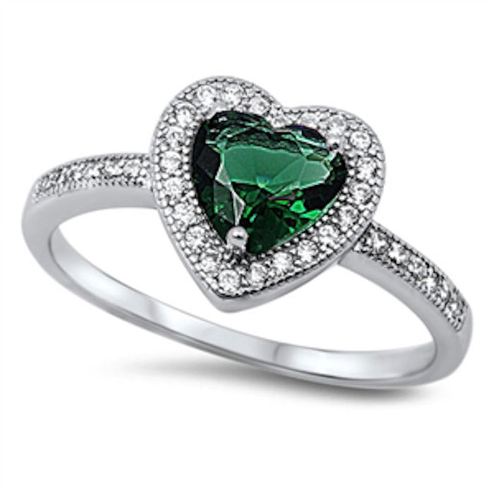 CLOSEOUT!Green Emerald & Cz Heart .925 Sterling Silver Ring
