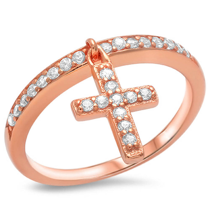 CLOSEOUT! Rose Gold Plated Dangle Cross .925 Sterling Silver Ring