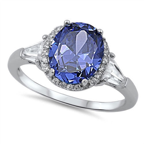 CLOSEOUT!Oval Design Tanzanite & Clear CZ .925 Sterling Silver Ring