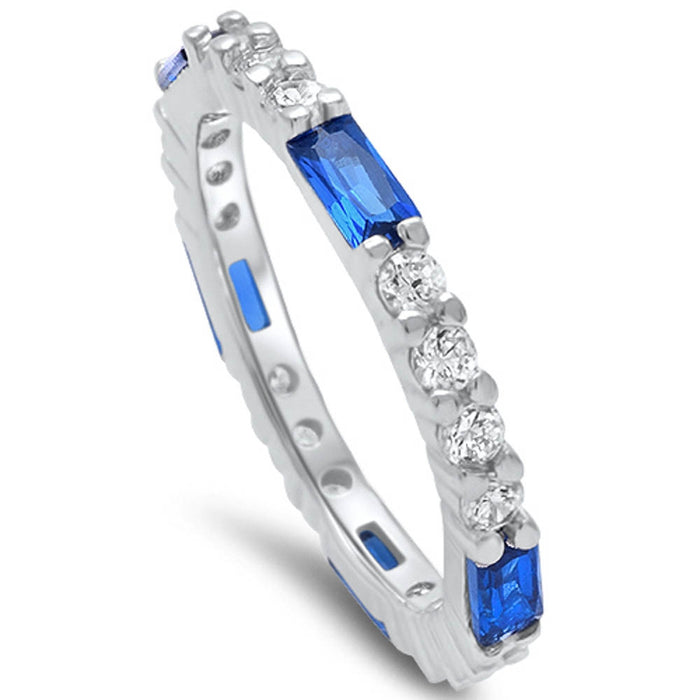 CLOSEOUT!Baguette Blue Sapphire & Round Cz Band .925 Sterling Silver Ring