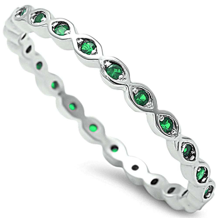 Green Emerald Eternity Band .925 Sterling Silver Ring