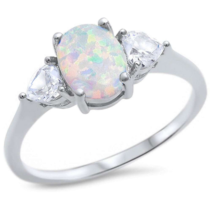 Oval White Opal & Cubic Zirconia Heart .925 Sterling Silver Ring