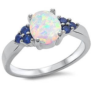 CLOSEOUT!Best Seller White Fire Opal & Blue Sapphire .925 Sterling Silver Ring