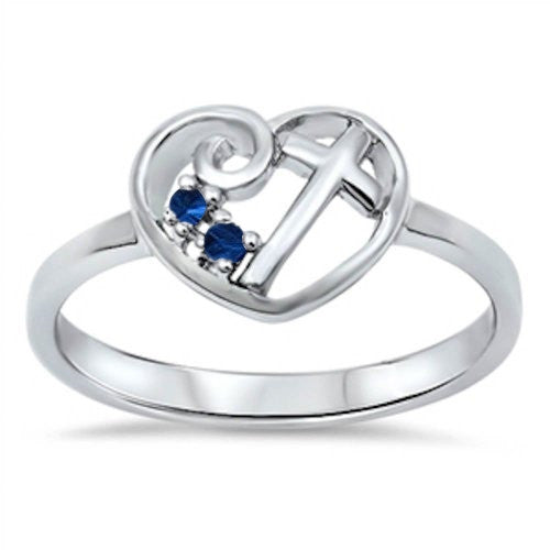CLOSEOUT!Heart Blue Sapphire Cross .925 Sterling Silver Ring