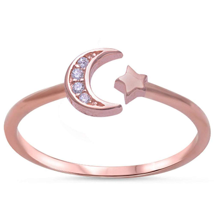 CLOSEOUT! Rose Gold Plated Cz Crescent Moon & Star .925 Sterling Silver Ring Sizes 4-11