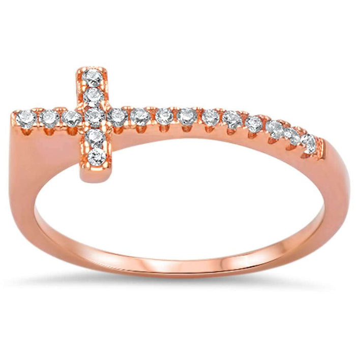 CLOSEOUT! Rose Gold Plated Sideways Cz Cross .925 Sterling Silver Ring