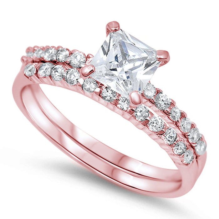 CLOSEOUT!Rose Gold Plated Cushion Cut Round Solitaire Wedding Set .925 Sterling Silver