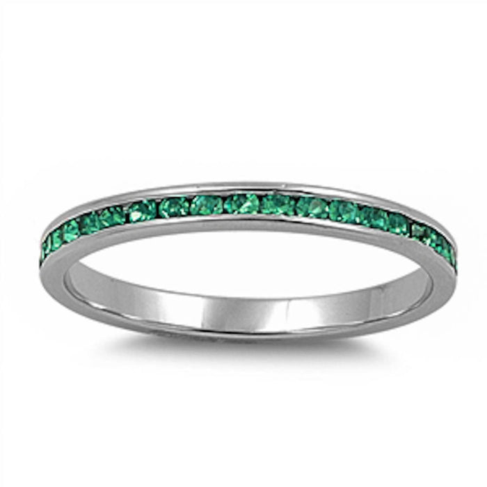CLOSEOUT! Channel set Green Emerald CZ .925 Sterling Silver Eternity Band Sizes 2, 3, 12