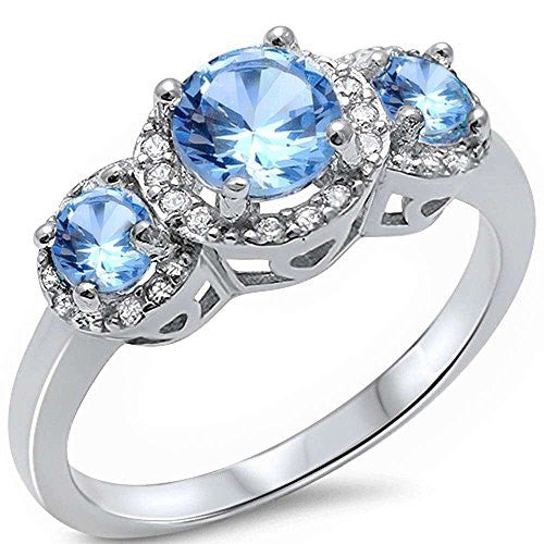 CLOSEOUT!Halo 3 Aquamarine Stone & Cz .925 Sterling Silver Ring