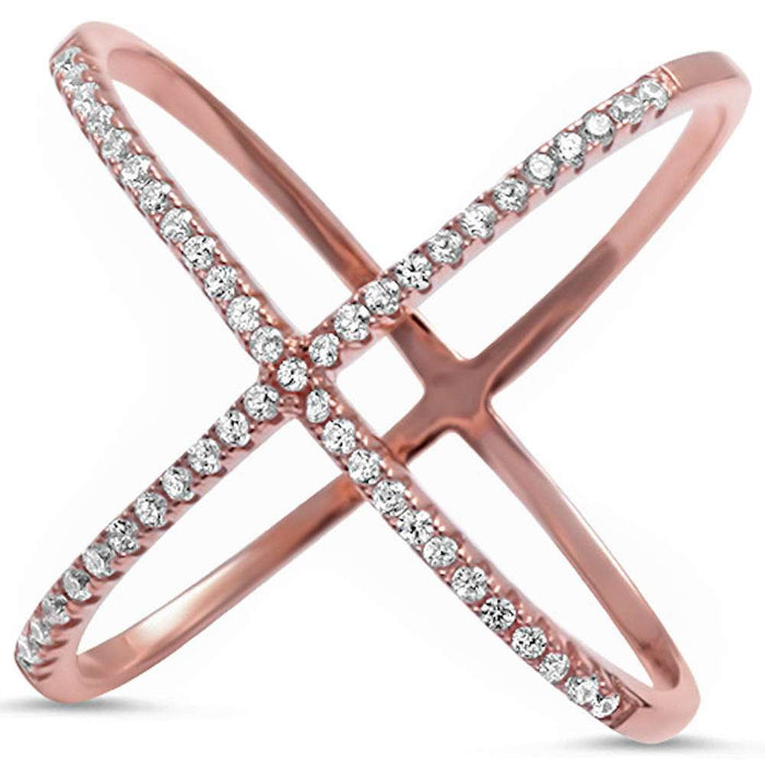 CLOSEOUT! Rose Gold Plated Cz Criss Cross .925 Sterling Silver Ring