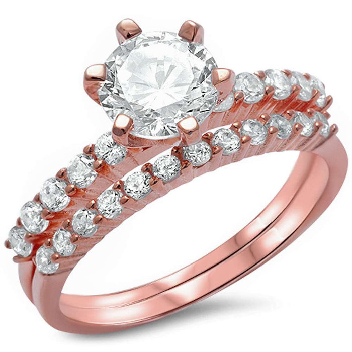 CLOSEOUT!2ct Round Cz Solitaire Rose Gold Plated Wedding Set .925 Sterling Silver