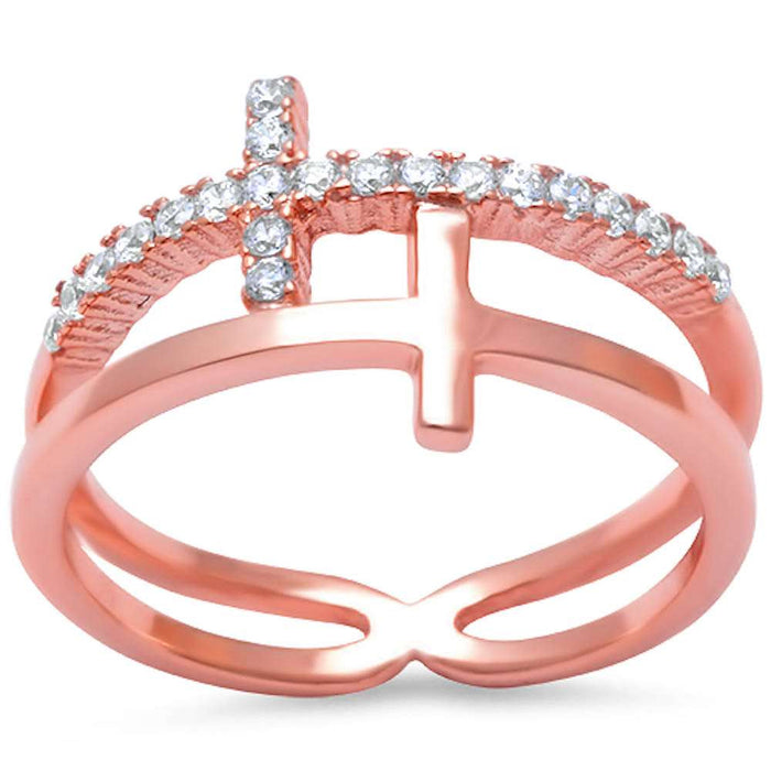 CLOSEOUT! Rose Gold Plated Plain & Cz Sideways Cross .925 Sterling Silver Ring