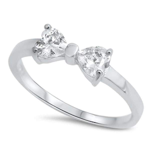 CLOSEOUT! Heart Cz Ribbon Bow .925 Sterling Silver Ring