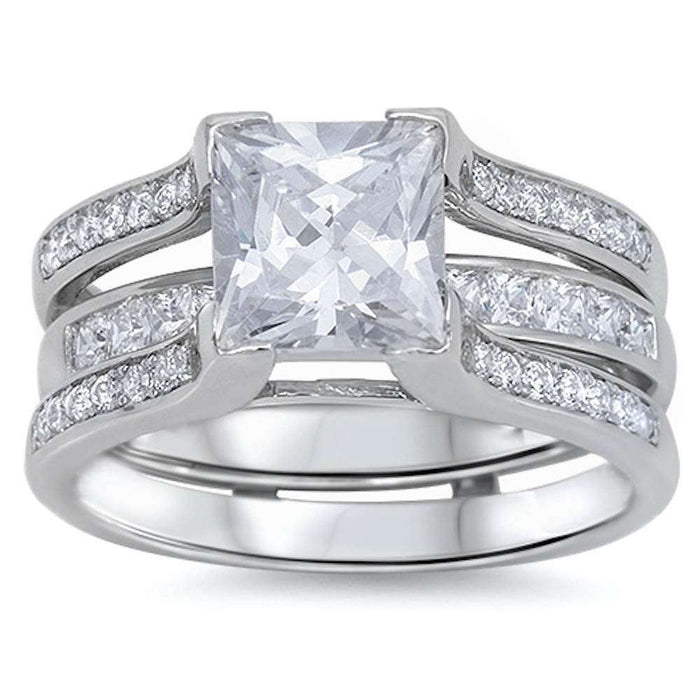 CLOSEOUT!4.50ct Princess & Round CZ 3 Rings Bridal Set .925 Sterling Silver Ring
