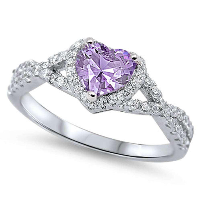 Lavender & CZ Heart Promise Ring .925 Sterling Silver Ring