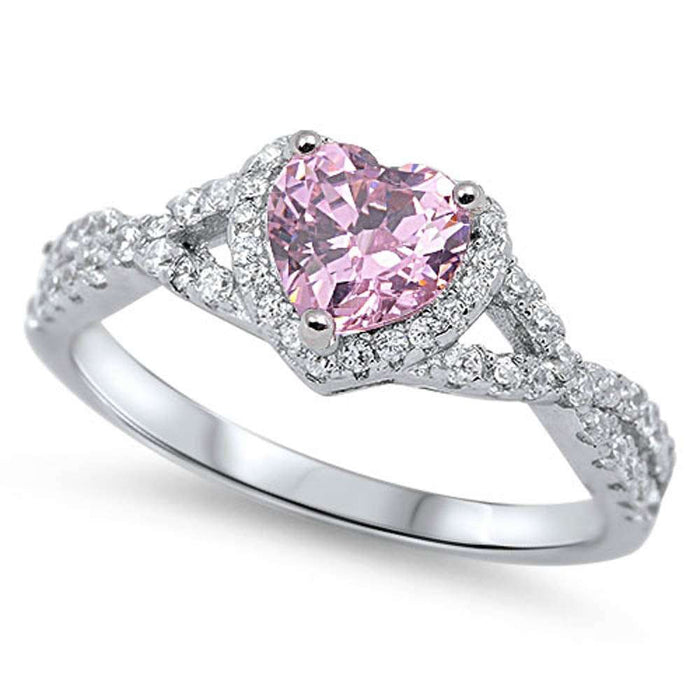 Pink Topaz & CZ Heart Promise Ring .925 Sterling Silver Ring