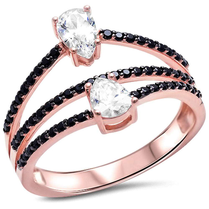CLOSEOUT!Rose Gold Plated Pear Shape Cubic Zirconia & Black Cubic Zirconia .925 Sterling Silver Ring