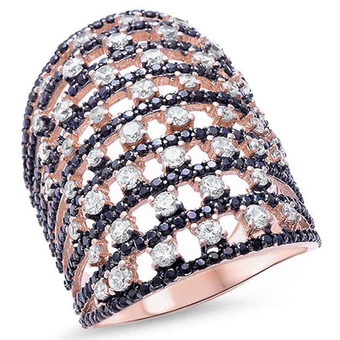 CLOSEOUT! Rose Gold Plated Round Black & White Cubic Zirconia .925 Sterling Silver Ring