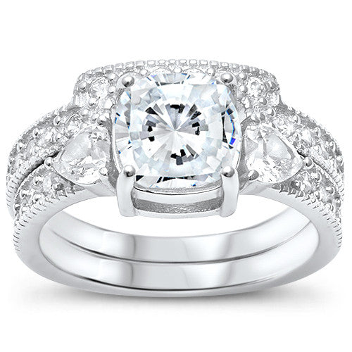 CLOSEOUT! Solitaire Wedding Set Square CZ .925 Sterling Silver Ring Sizes 5-10