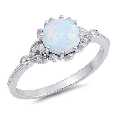 CLOSEOUT! Lab Created White Opal Round Shape with Bezel CZ .925 Sterling Silver Ring